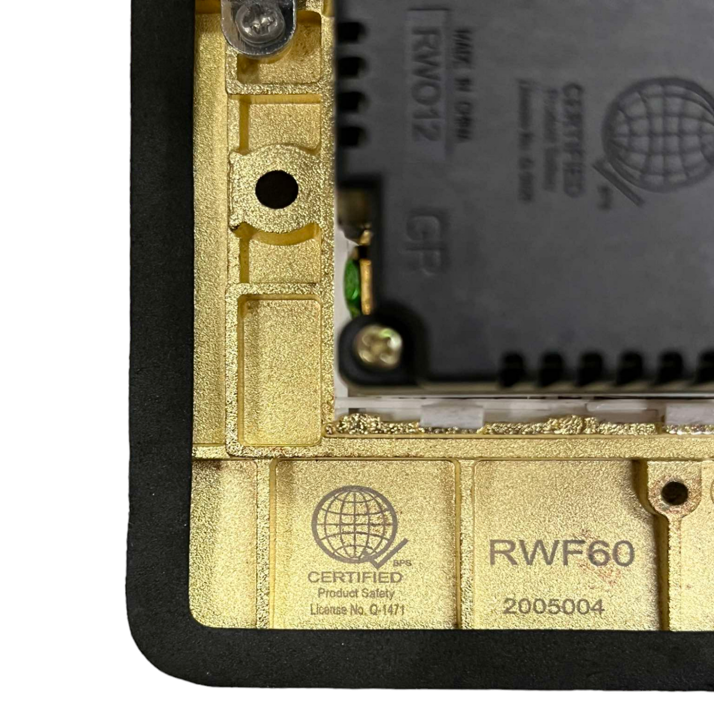 Close up view of Royu Floor Outlet 6 Port USB Outlet showing certification and model details