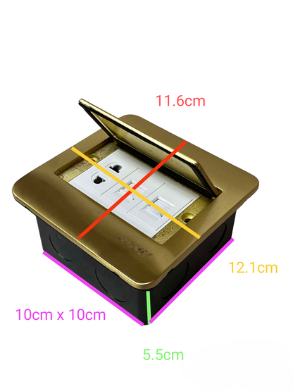 Royu Gold Plate Floor Outlet Voice and Data with hinged cover and multiple ports for connectivity