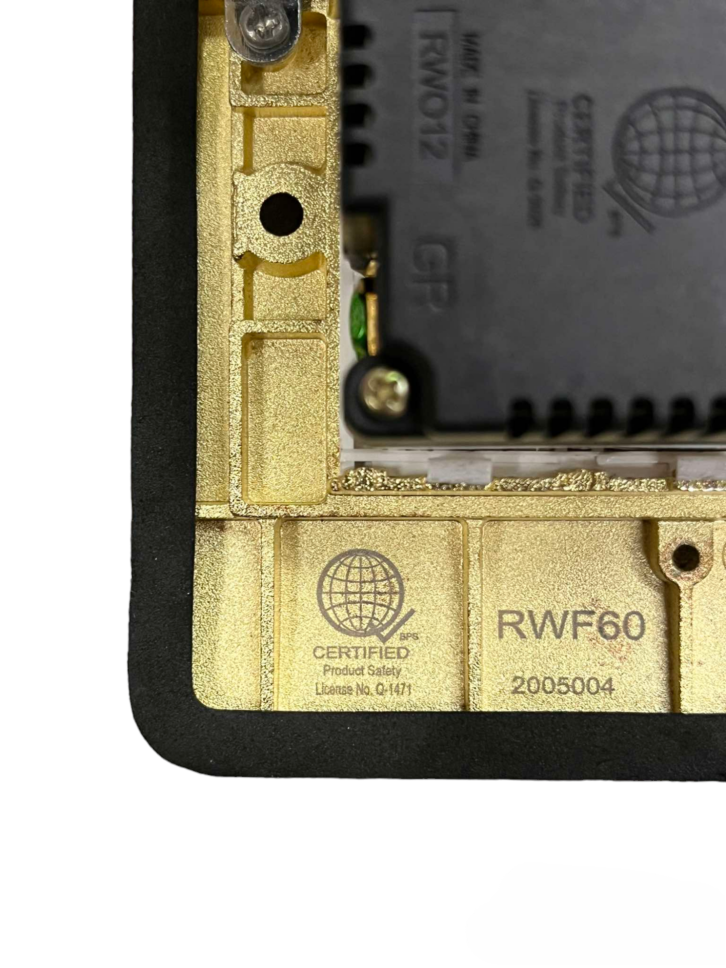 Royu Gold Plate Floor Outlet Voice and Data showing detailed corner with certification marks