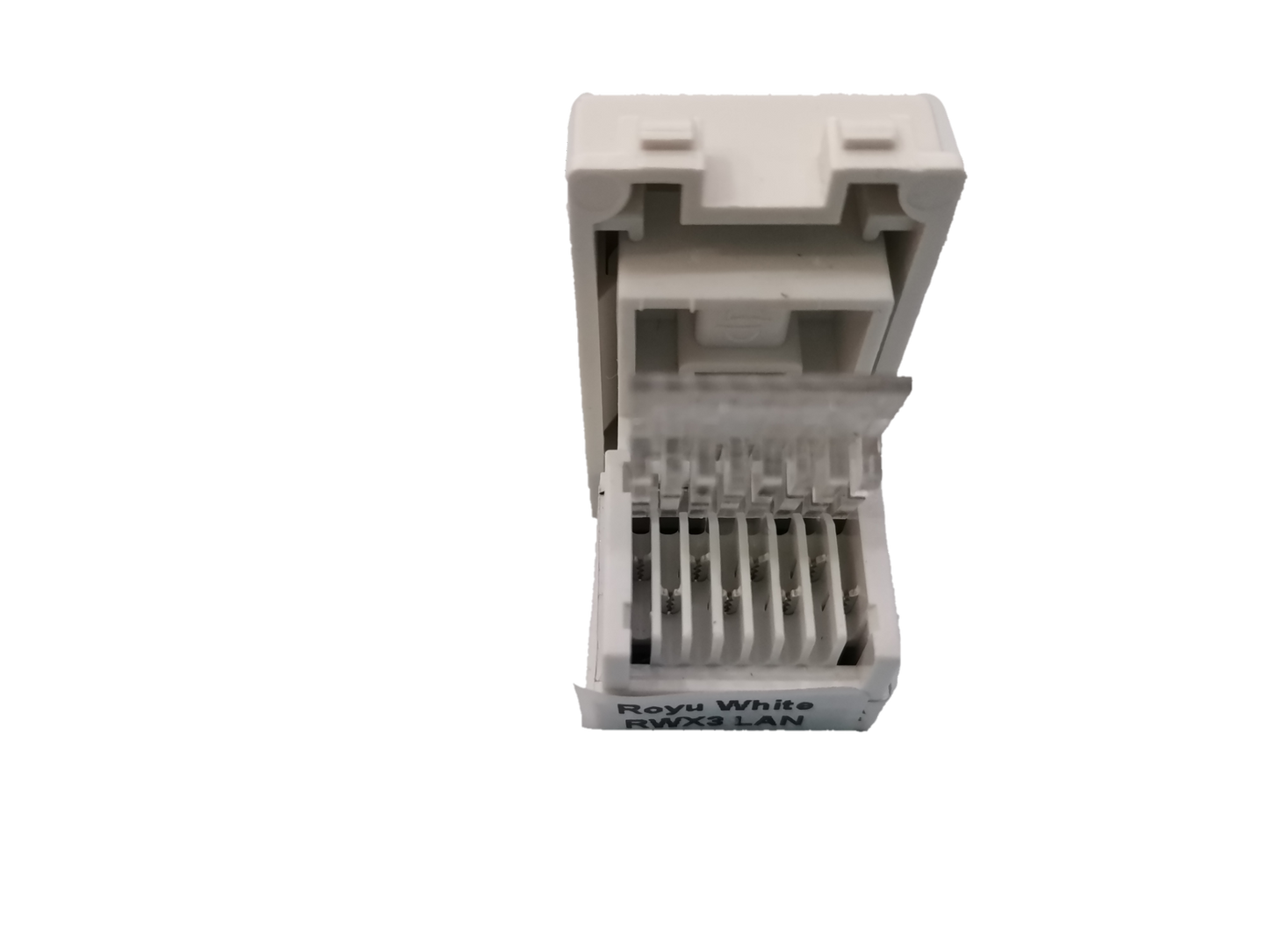 Royu LAN Outlet RWX3 white network connector with open hinged cover showing internal terminals
