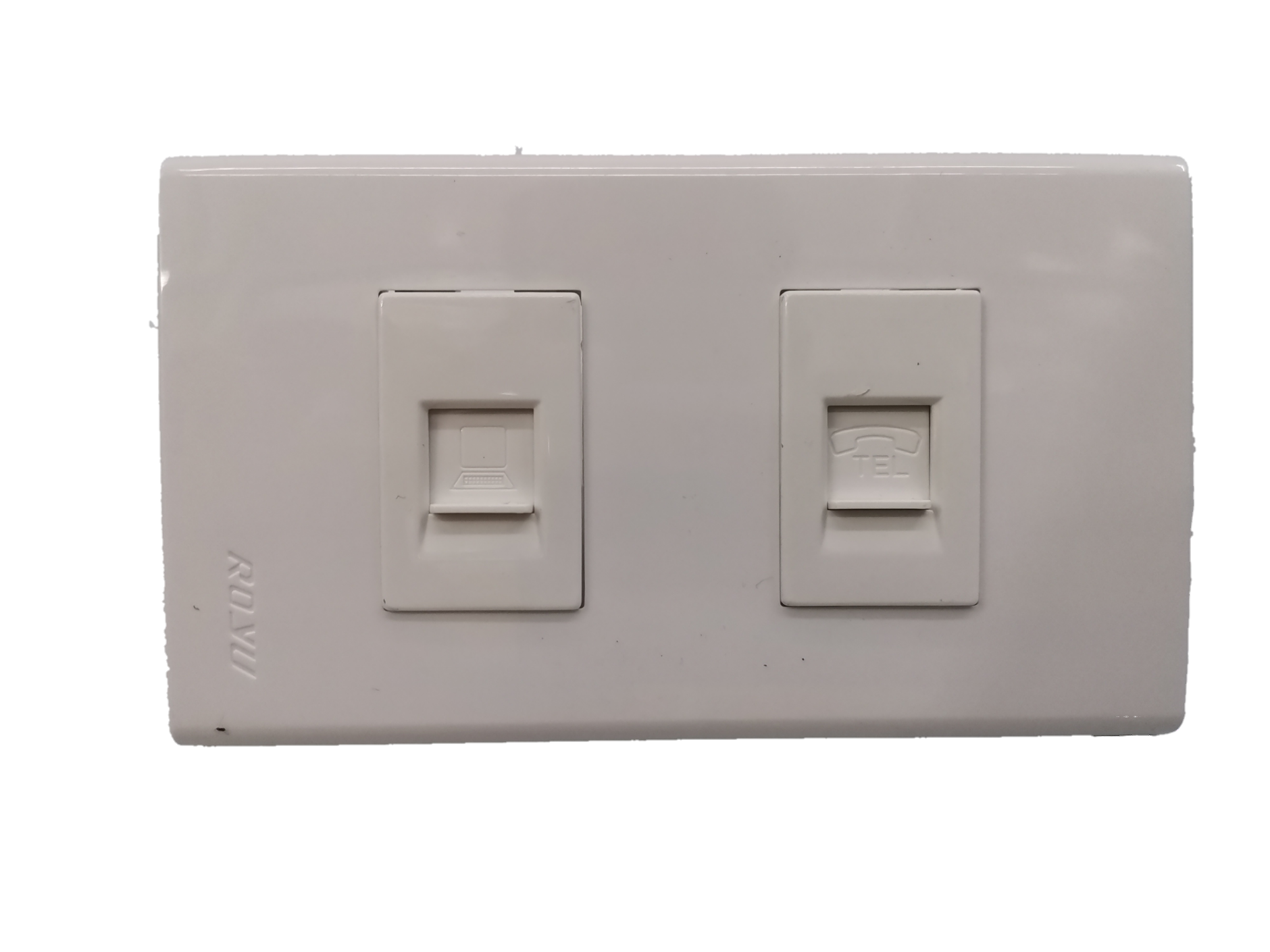Royu network and phone wall plate with dual ports for network and telephone connections in white