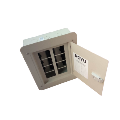 Royu Panel Board 4x4 8 Holes for 2 Pole Plug in with open door and white casing