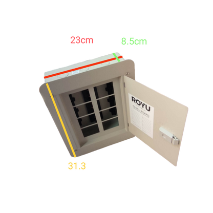 Royu Panel Board 4x4 8 Holes for 2 Pole Plug in with open metal door and dimensions visible