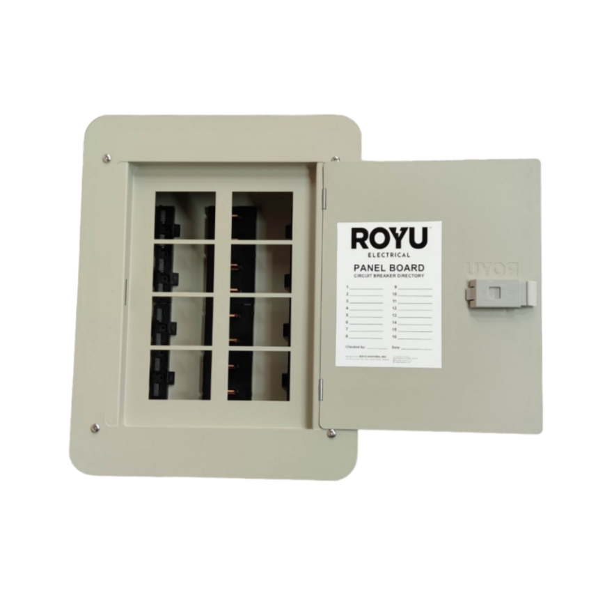 Royu Panel Board 4x4 8 Holes for 2 Pole Plug in electrical circuit breaker box with open door
