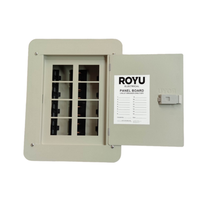 Royu Panel Board 4x4 8 Holes for 2 Pole Plug in electrical circuit breaker box with open door
