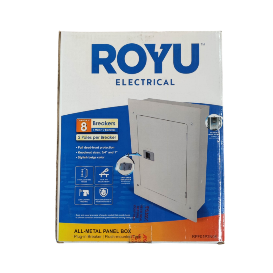 Royu Panel Board 4x4 8 Holes for 2 Pole Plug in all-metal electrical panel box with breaker slots