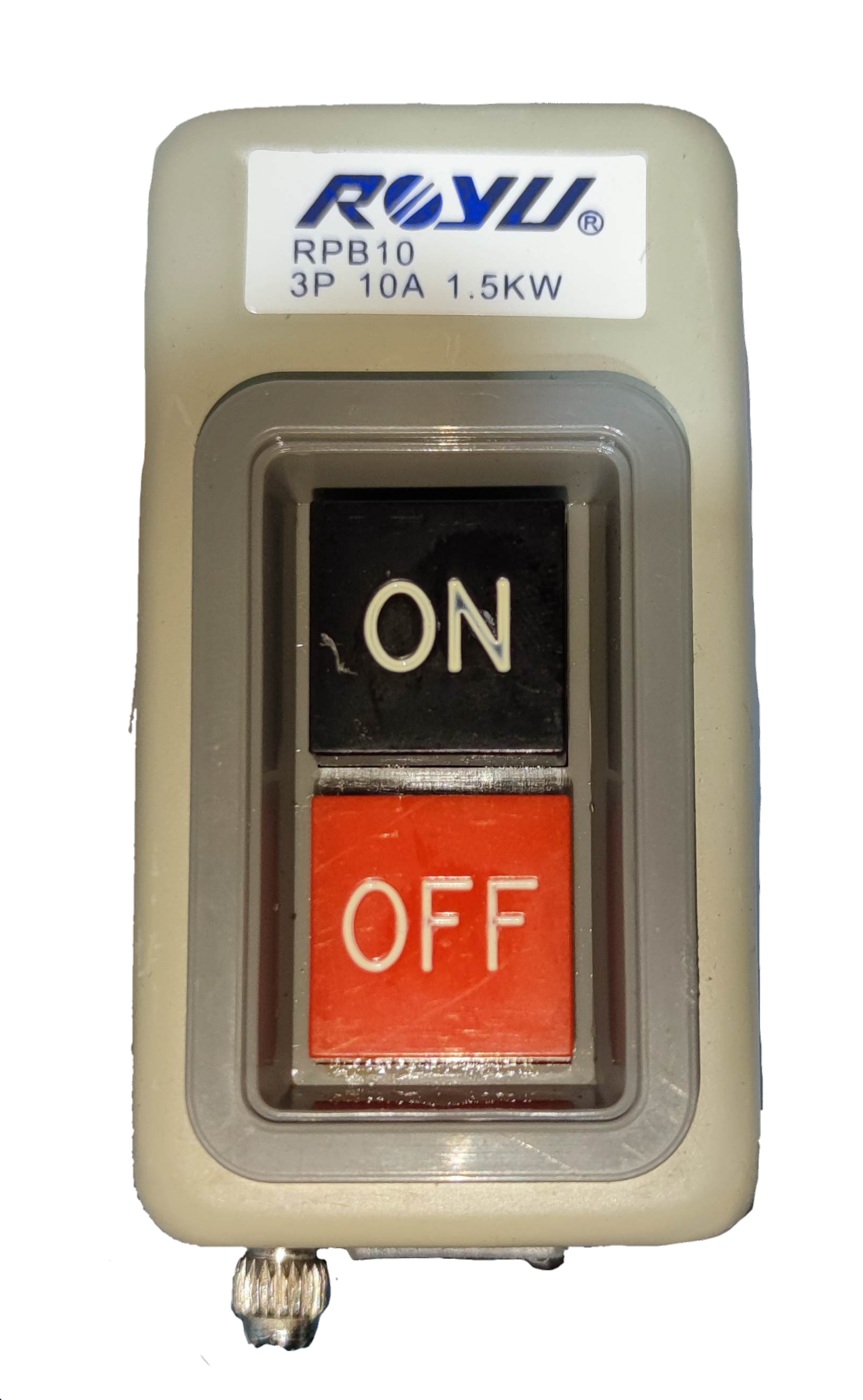 Royu Push Button Switch 10A 250V 3 Pole with ON and OFF buttons in white casing