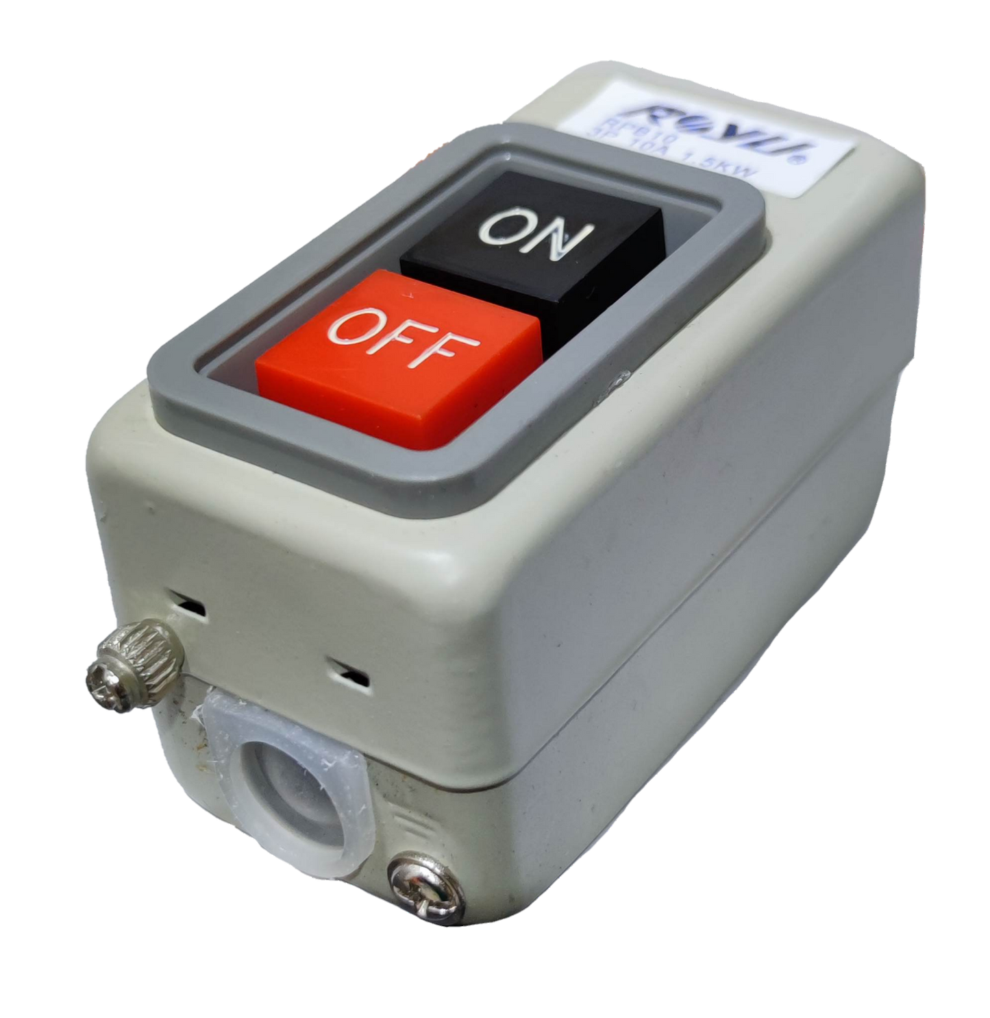 Royu Push Button Switch 10A 250V 3 Pole with red off and black on buttons in a gray housing