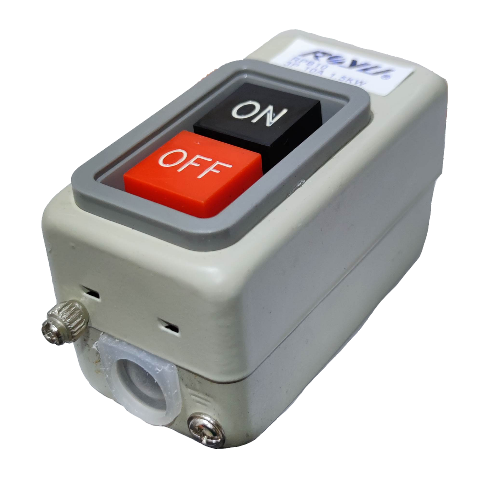 Royu Push Button Switch 10A 250V 3 Pole with red off and black on buttons in a gray housing