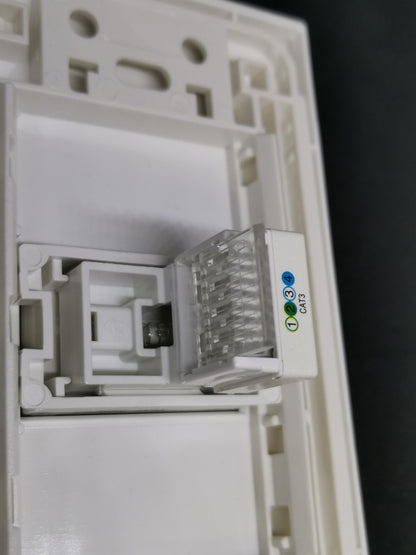 Royu 1 gang telephone outlet white modular RJ11 jack in wall plate showing CAT3 wiring labels