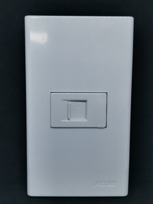 Royu 1 gang telephone outlet white plastic wall plate with centered jack and subtle Royu logo