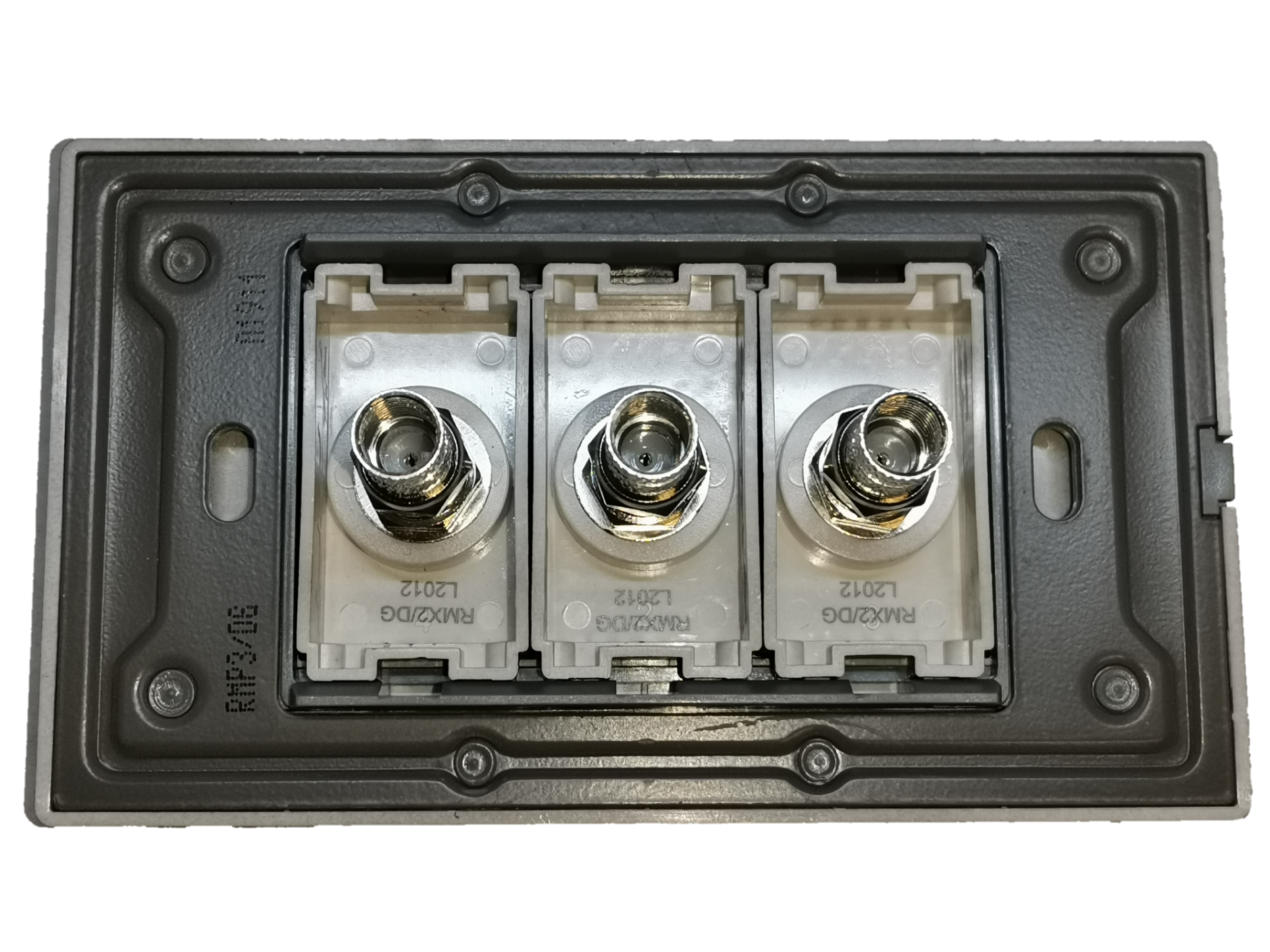 Royu 3 gang cable TV outlet close up showing three silver coax connectors in grey plastic mounting frame