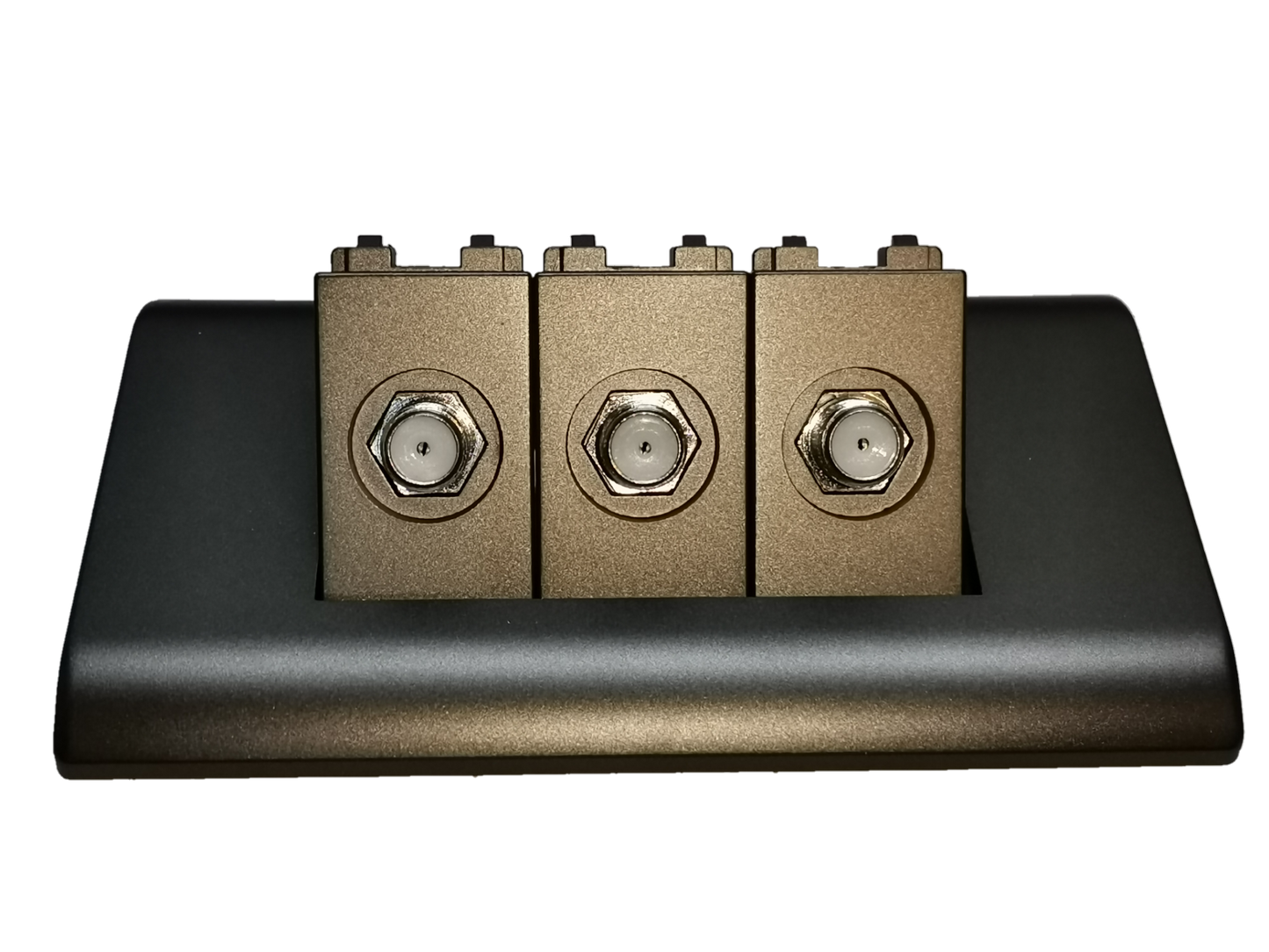 Royu 3 gang cable TV outlet with three metal coax connectors in bronze modules on a black faceplate
