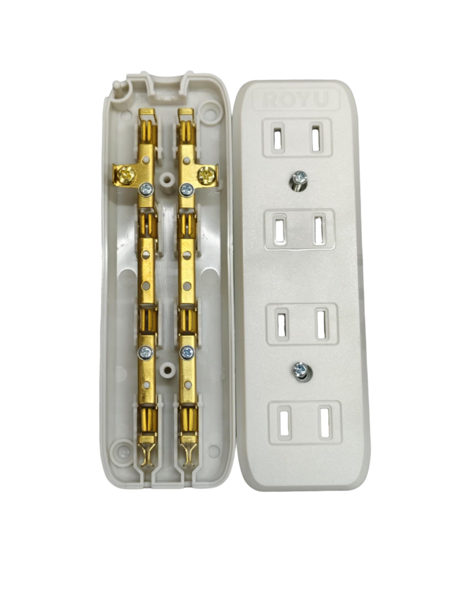 Royu 4 gang flat pin outlet showing white plastic cover removed and brass internal contacts for four sockets