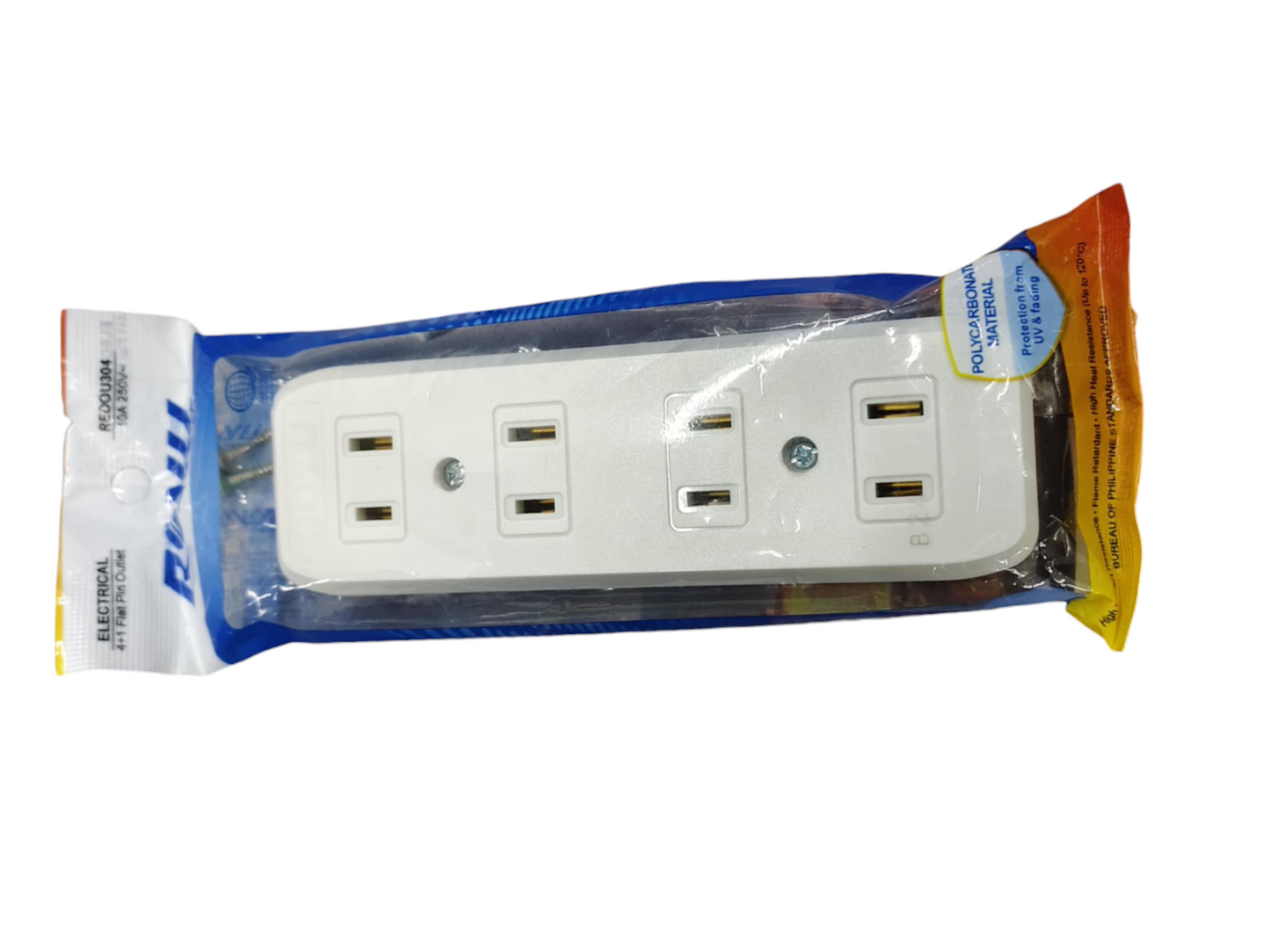 Royu 4 gang flat pin outlet white four socket wall power strip in retail packaging for home use