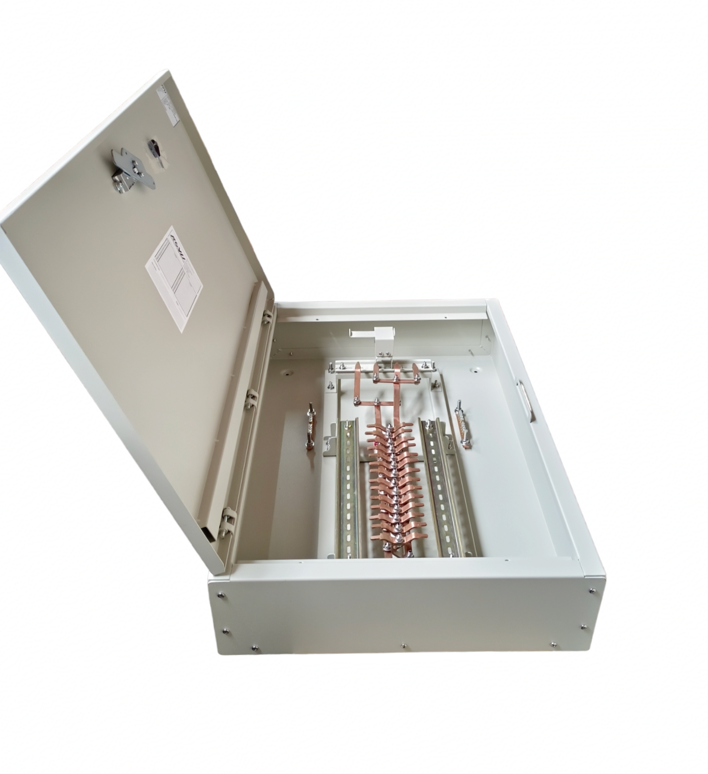 Royu MTS main panel board with interlock open metal enclosure showing copper busbars and terminal strips
