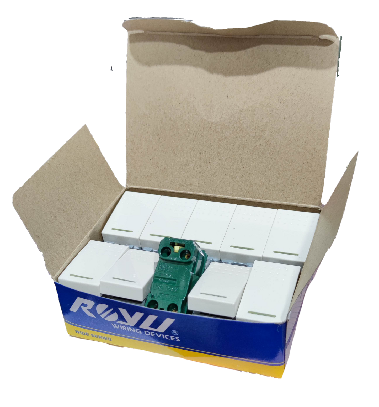 Royu RWS1-A switch 10 pack in an open box with white switches and a green wiring device from Electx Electrical Supply