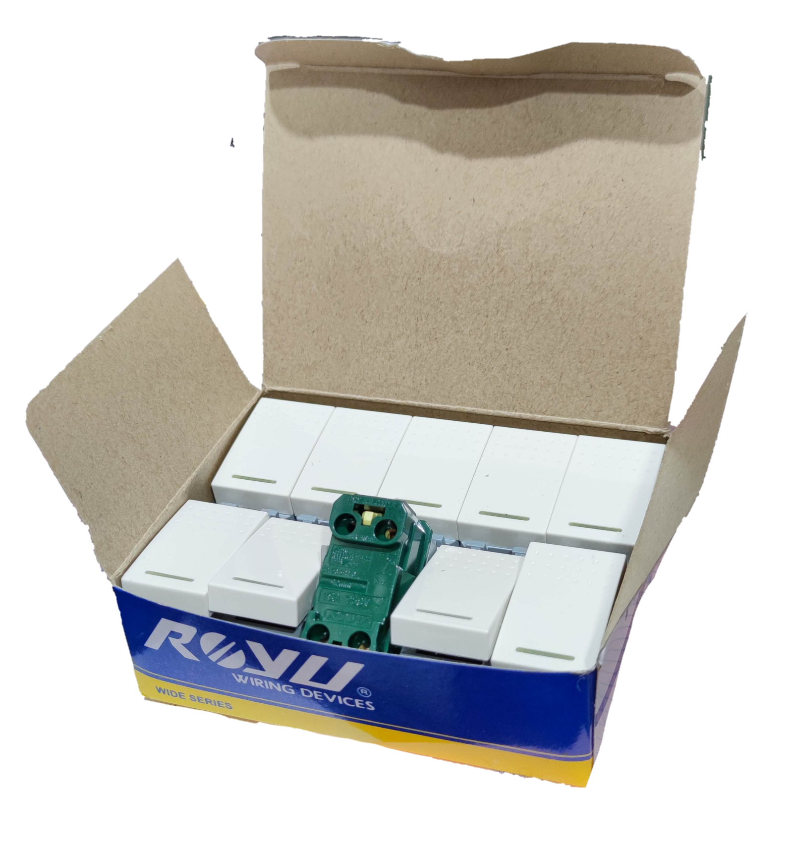 Royu RWS1-A switch 10 pack in an open box with white switches and a green wiring device from Electx Electrical Supply
