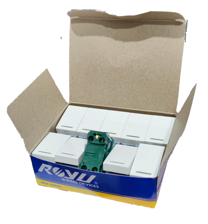 Royu RWS1-A switch 10 pack in an open box with white switches and a green wiring device from Electx Electrical Supply