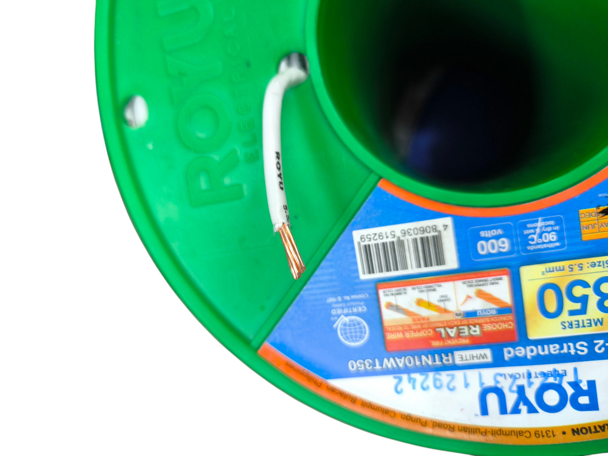 Royu Stranded Wire AWG 10 White - 5 Meters on a green reel for versatile wiring projects