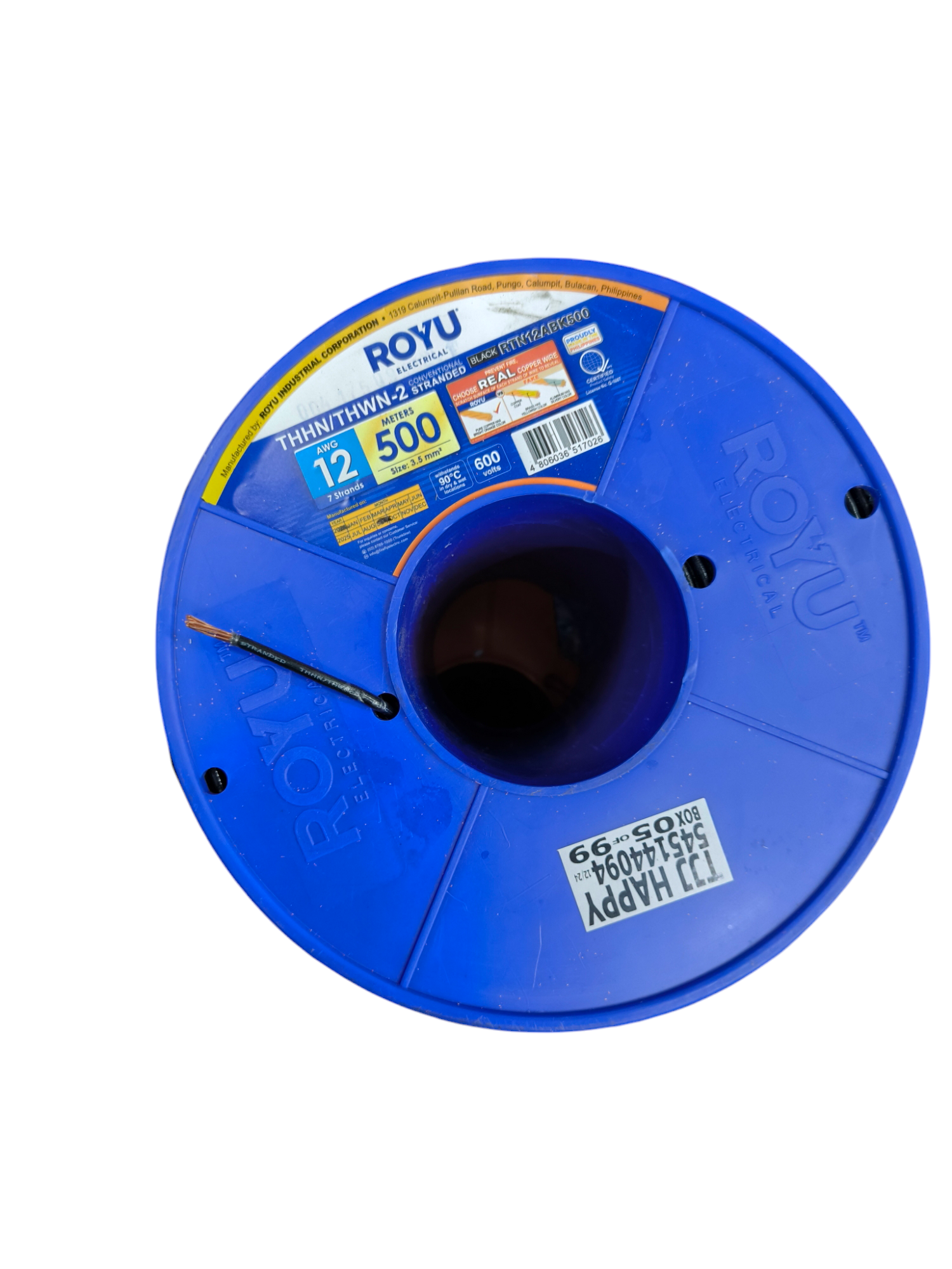 Royu Stranded Wire AWG 12 - 90 Meters on a blue spool for electrical projects