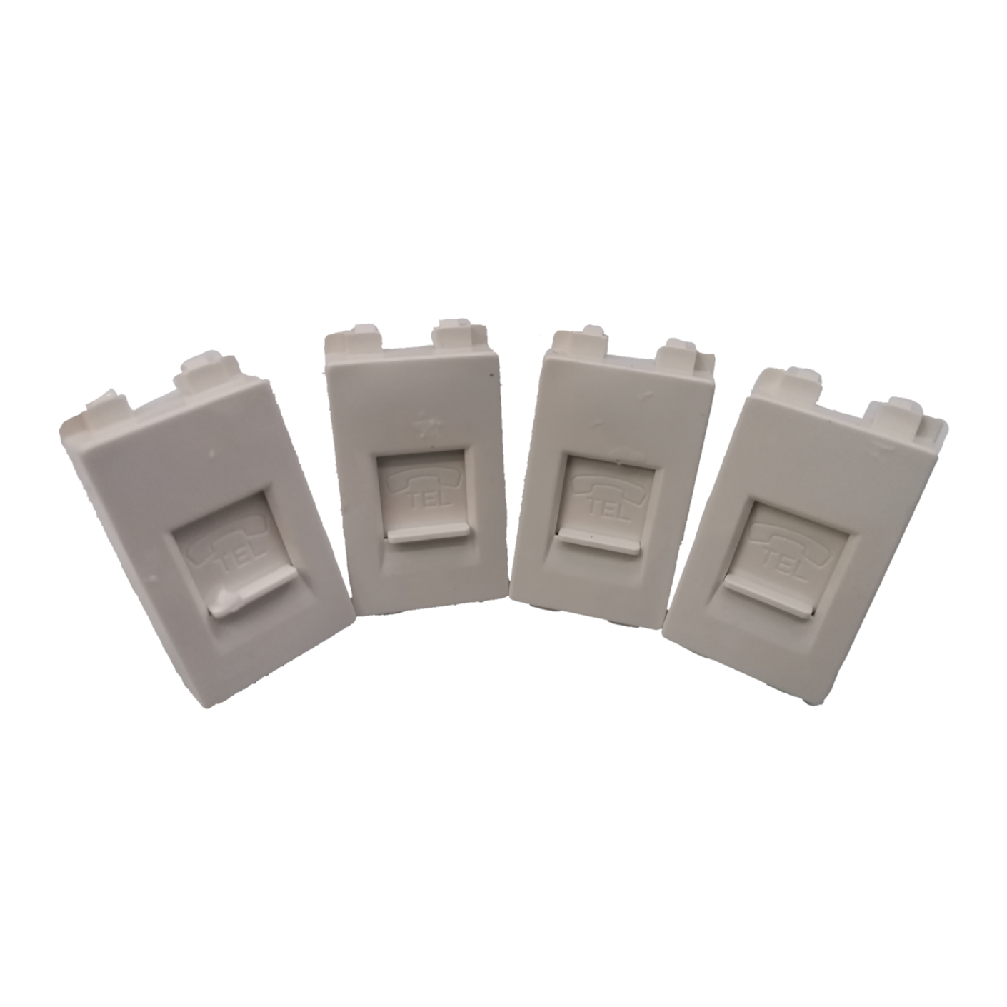 Set of four white Royu Telephone Modular Jack RWX1 wall plates for telephone connections