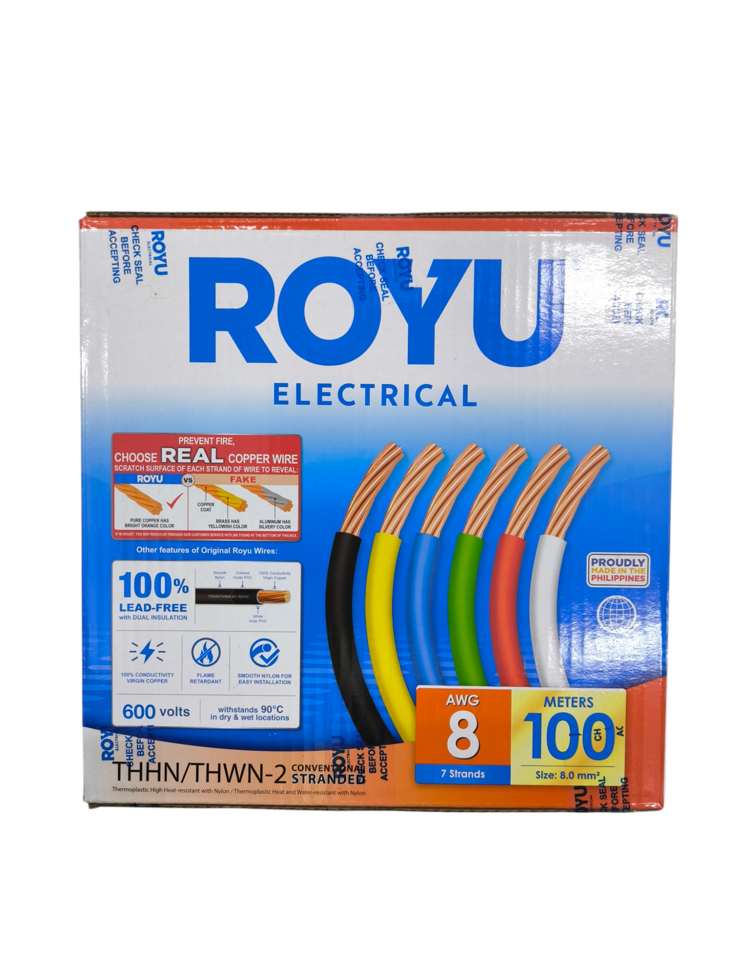 Royu THHN Electrical Wire with six color-coded leads, 100 meters long, 600 volts rated