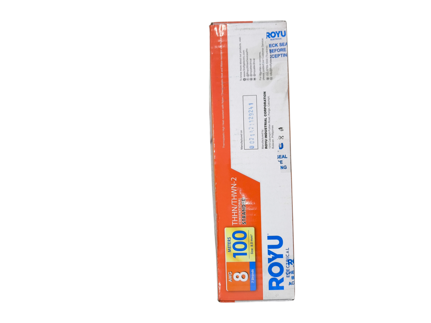 Royu THHN AWG 8 Stranded wire Black in a sealed white and orange box with product details