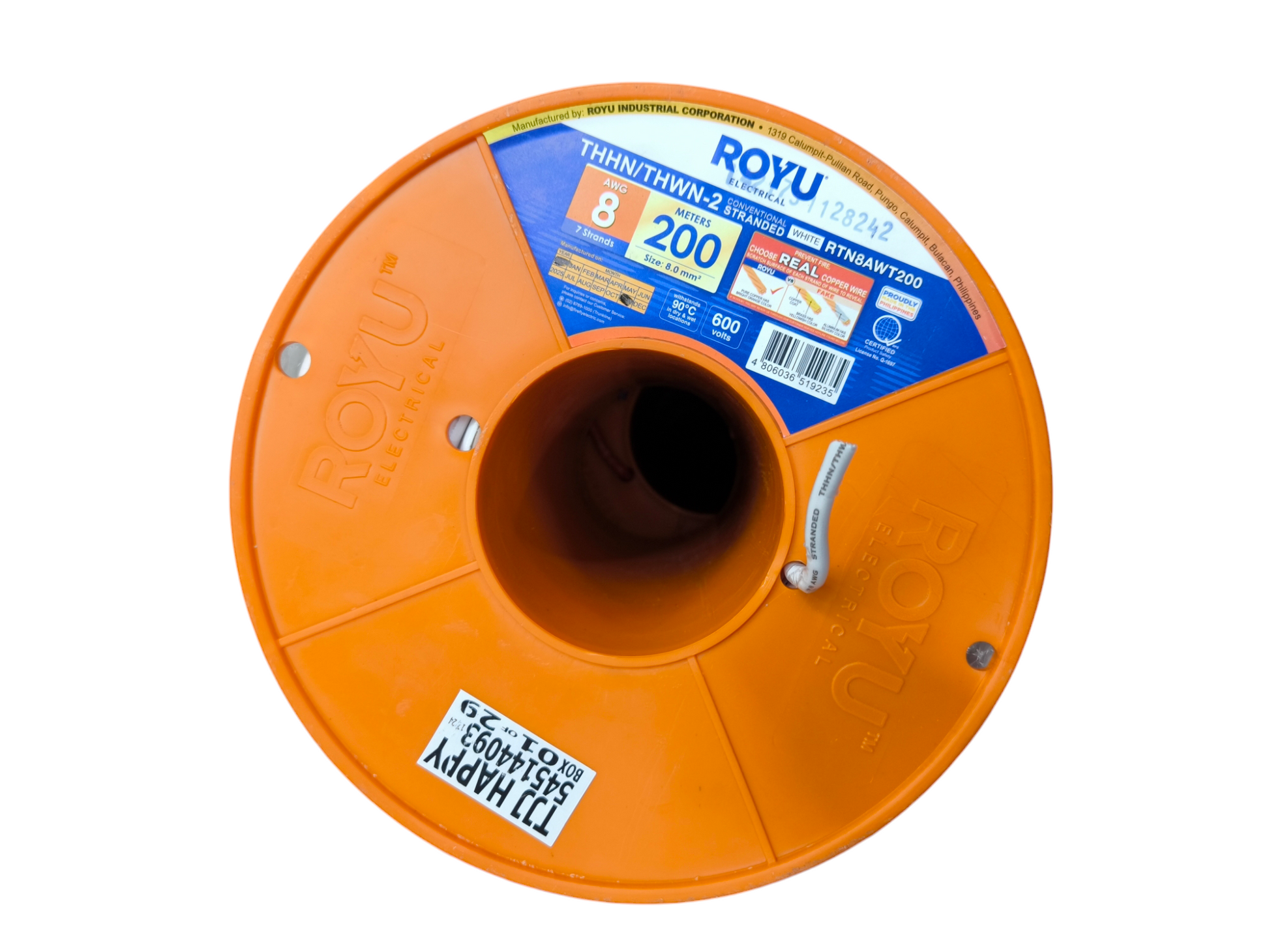 Royu THHN Wire Reel in Orange, 200 feet of 8 AWG THHN wire for electrical wiring projects