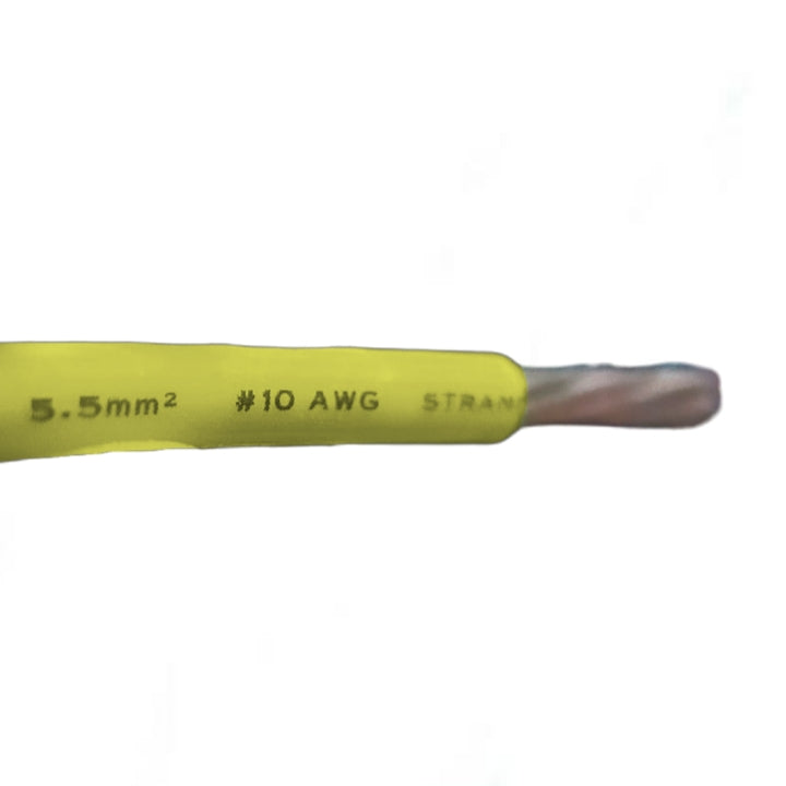 Royu THHN Wire AWG 10 - 7 Strands Yellow insulated copper conductor with exposed end and printed markings