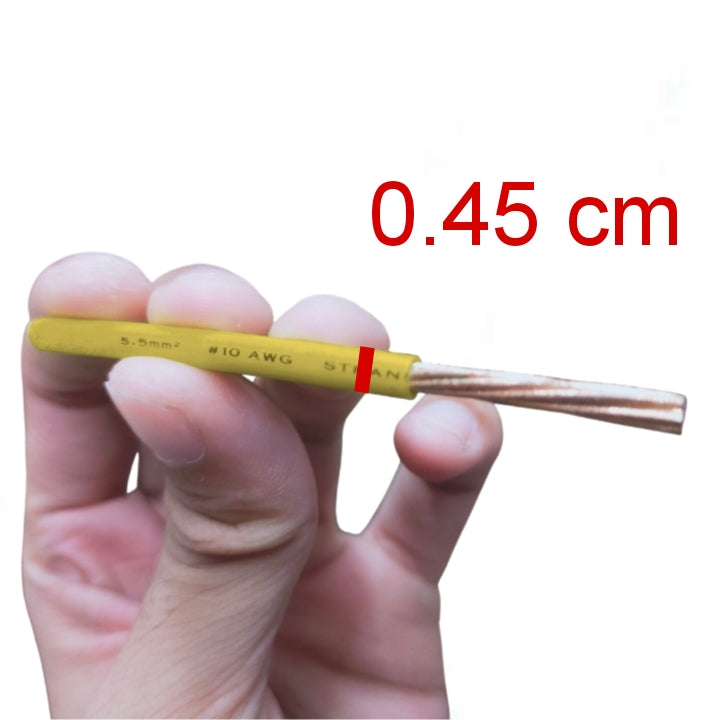 Royu THHN Wire AWG 10 - 7 Strands Yellow held in hand showing yellow insulation and copper conductors