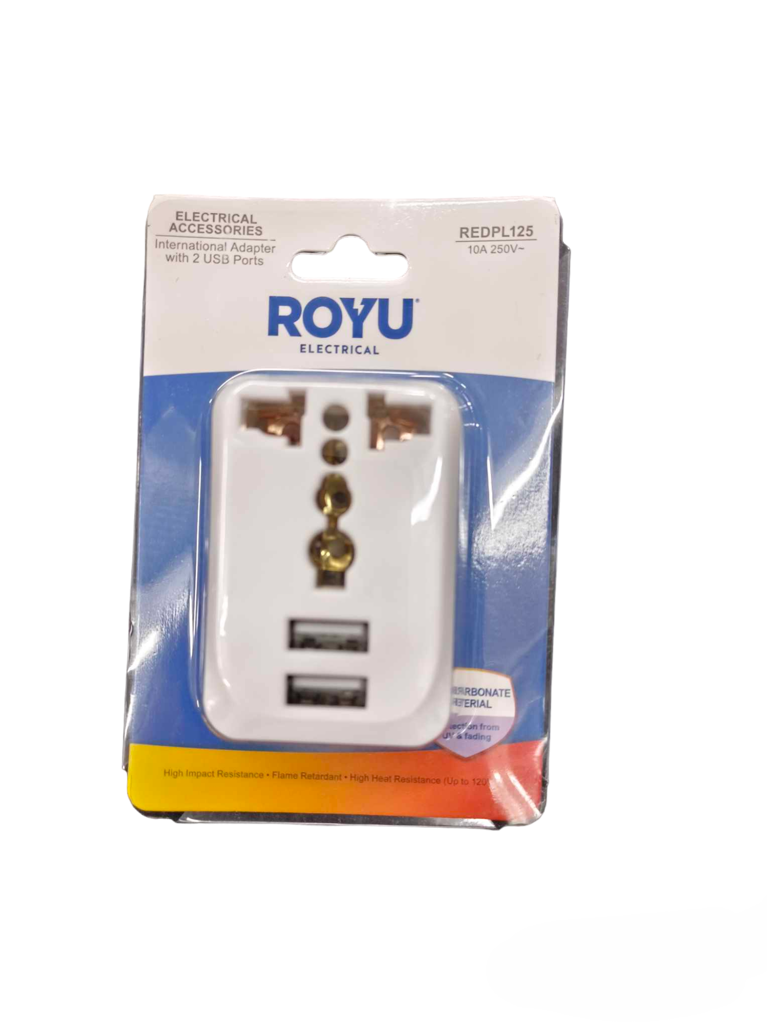 Royu Travel Adaptor with Universal Outlet and dual USB ports in retail packaging