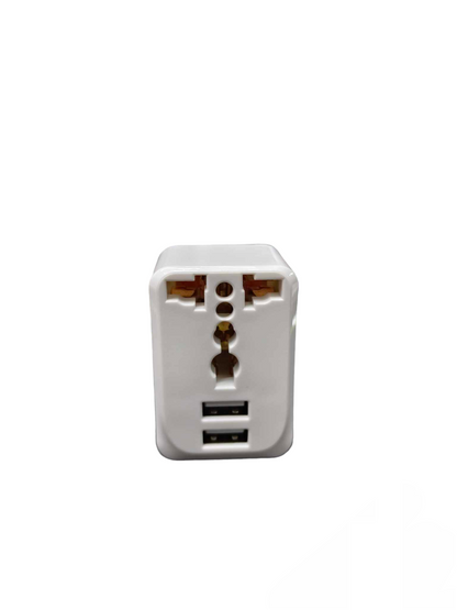 Royu Travel Adaptor with Universal Outlet in white featuring multiple plug options and dual USB ports