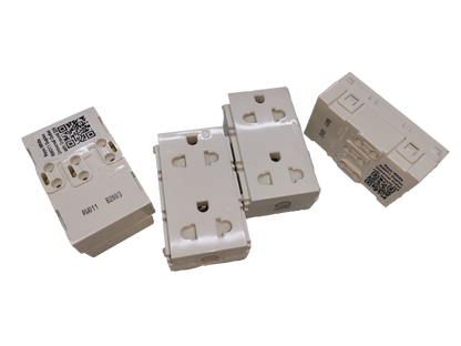Royu Universal Duplex Outlet with Shutter white power points and plugs shown from multiple angles