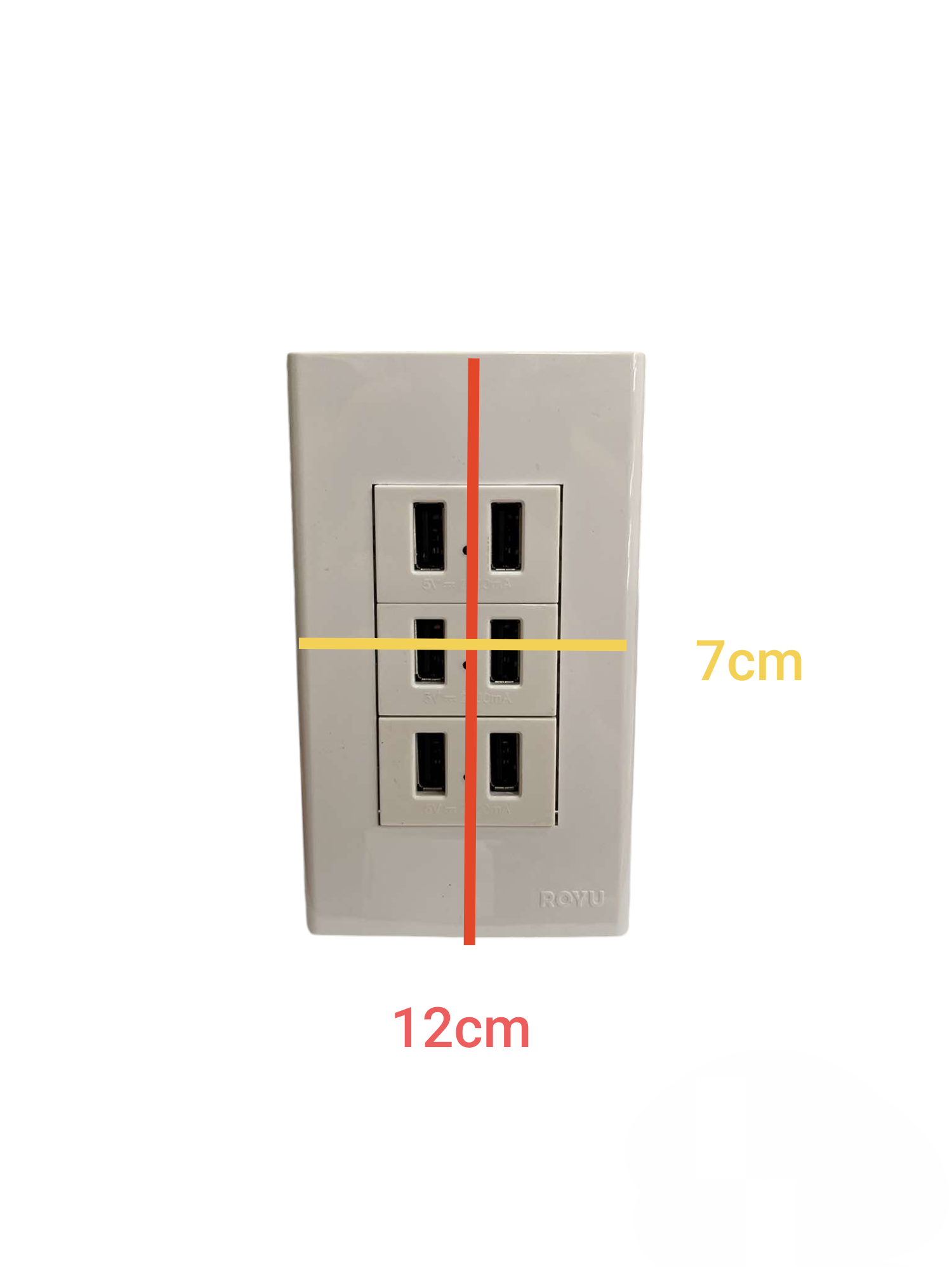 Royu USB Outlet with Plate Cover wall charger with six USB ports and compact 12 by 7 cm dimensions