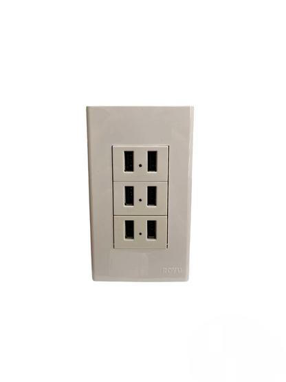 Royu USB Outlet with Plate Cover featuring three dual USB ports in white wall charger design