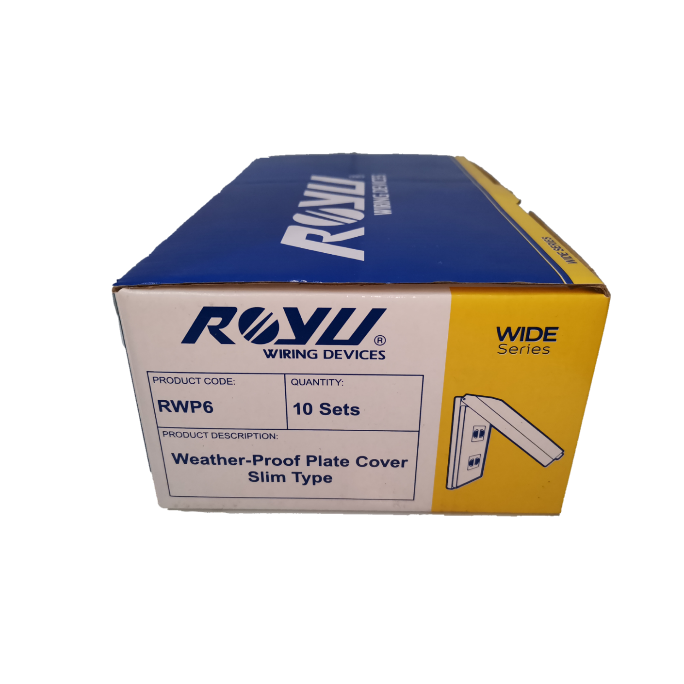 Royu Weatherproof Plate Cover box packaging showing slim type cover in wide series for power points switches and plugs