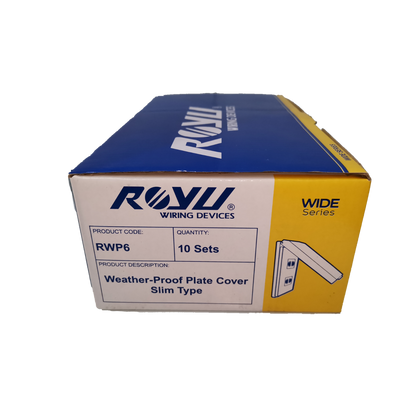 Royu Weatherproof Plate Cover box packaging showing slim type cover in wide series for power points switches and plugs
