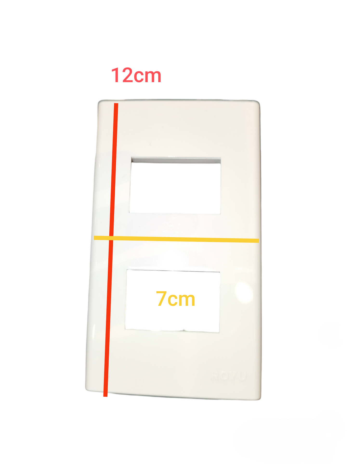White Royu wide series plate cover measuring 12 cm by 7 cm for power points and switches