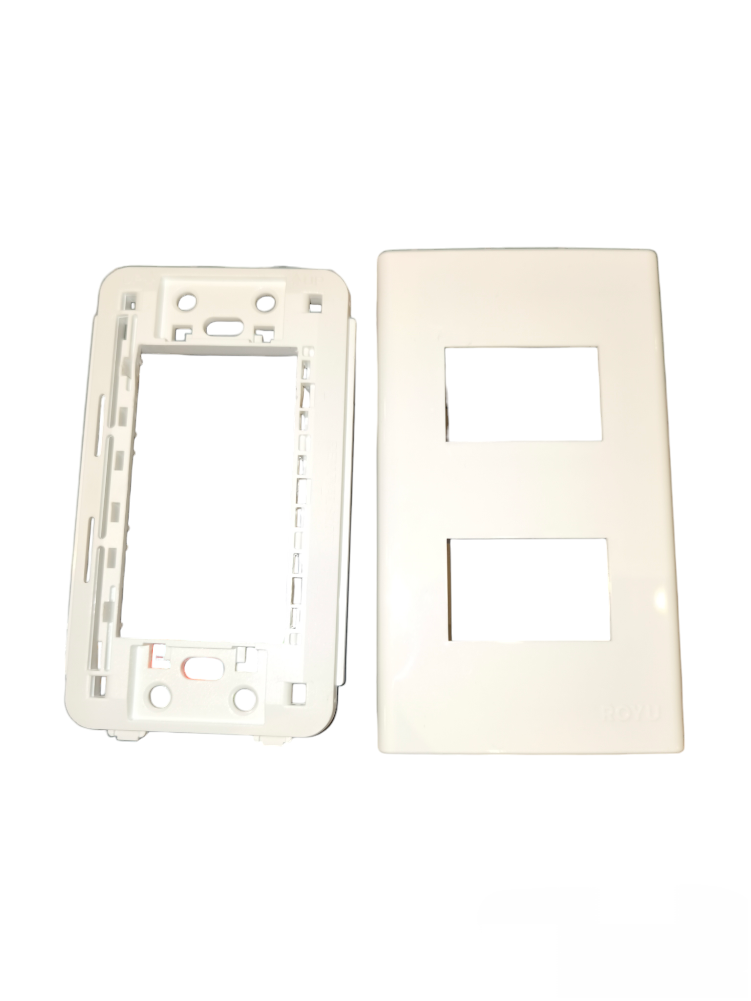 Royu wide series plate cover in white for power points switches and plugs with dual openings