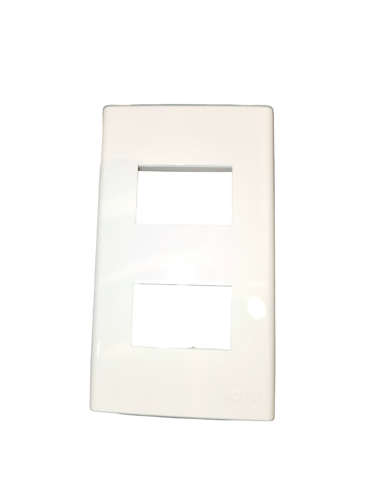 White Royu wide series plate cover with two rectangular openings for power points and switches