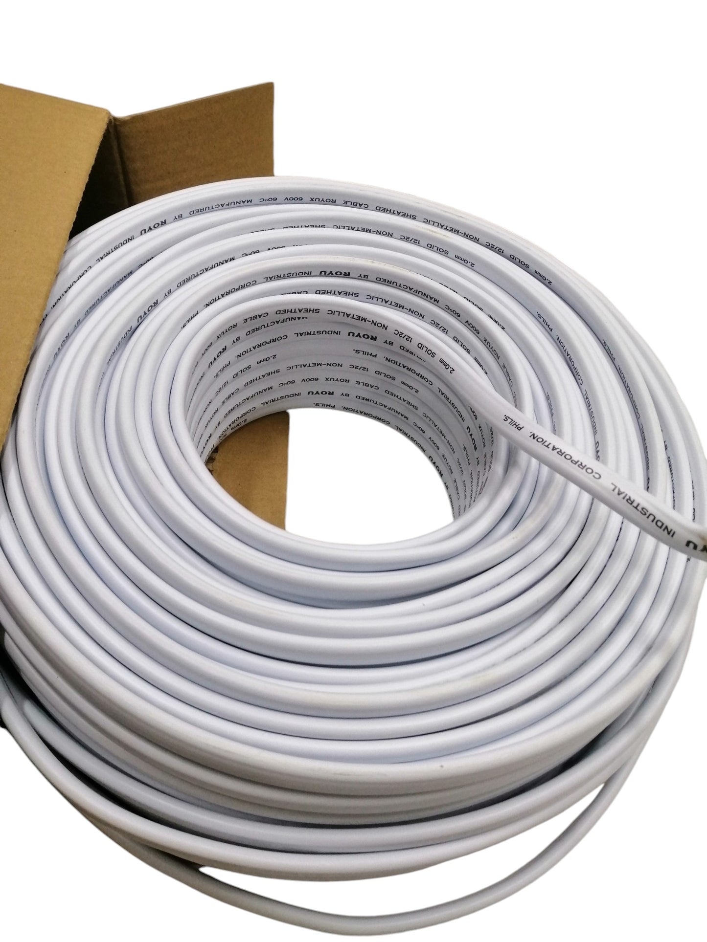 Royu AWG 12 2C duplex solid wire in white, coiled in a box for easy cable management