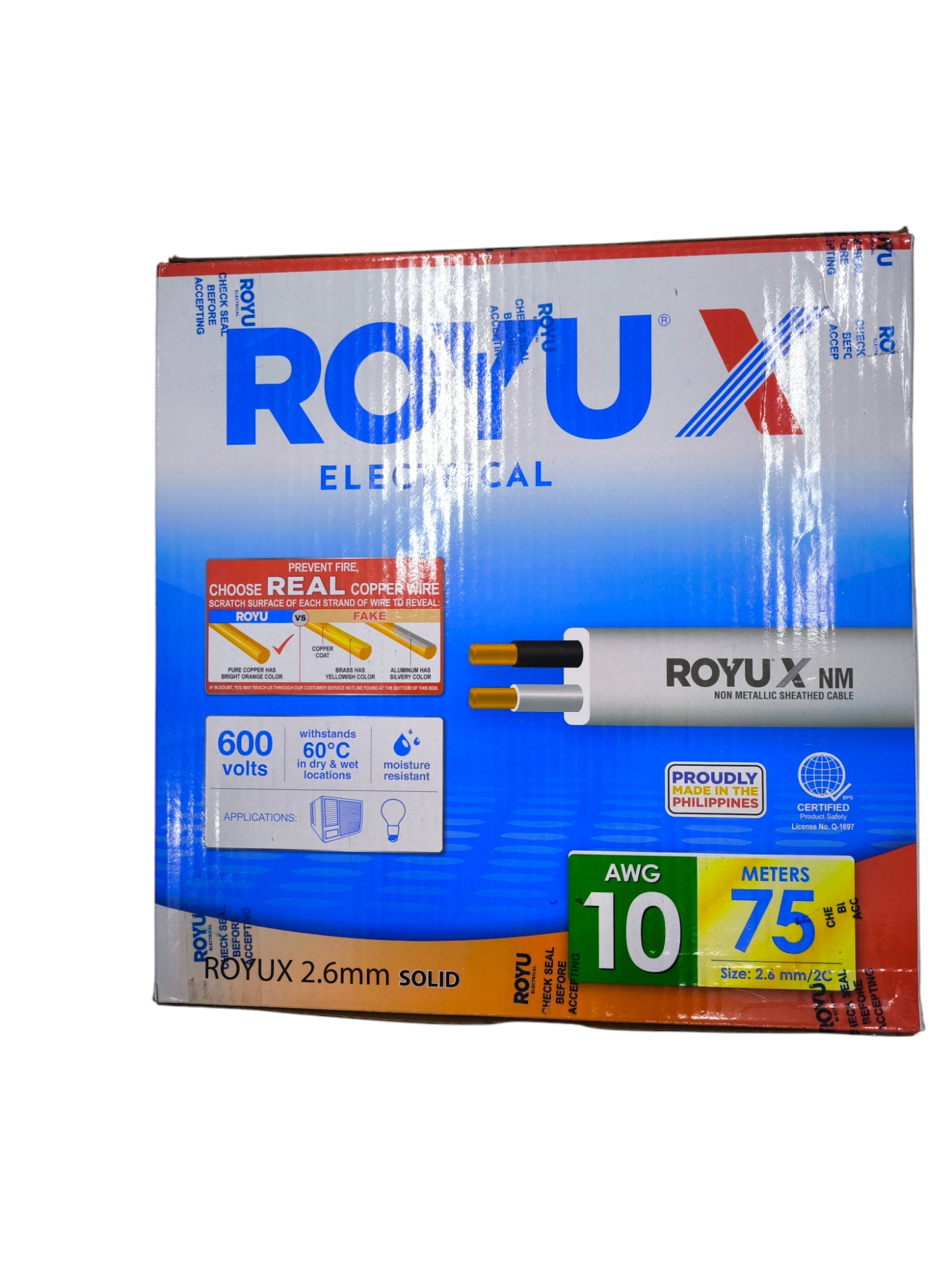 Royu Romex Cable AWG 10 Solid Wire in 75-meter packaging for electrical wiring needs