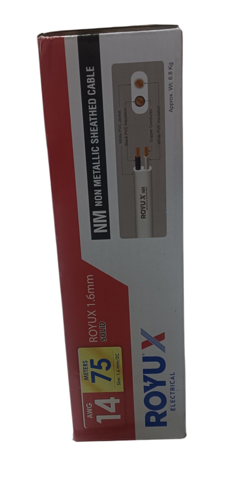 Royu Romex Cable Duplex Flat Solid 2C 75 Meters packaged in a sturdy box for electrical installations