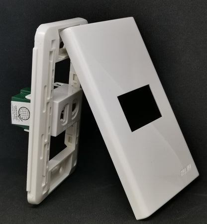 Royu 1 Gang Universal Outlet with Plate glossy white wall plate and universal socket module shown disassembled