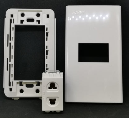 Royu white 1 Gang Universal Outlet with Plate showing glossy faceplate mounting frame and outlet module