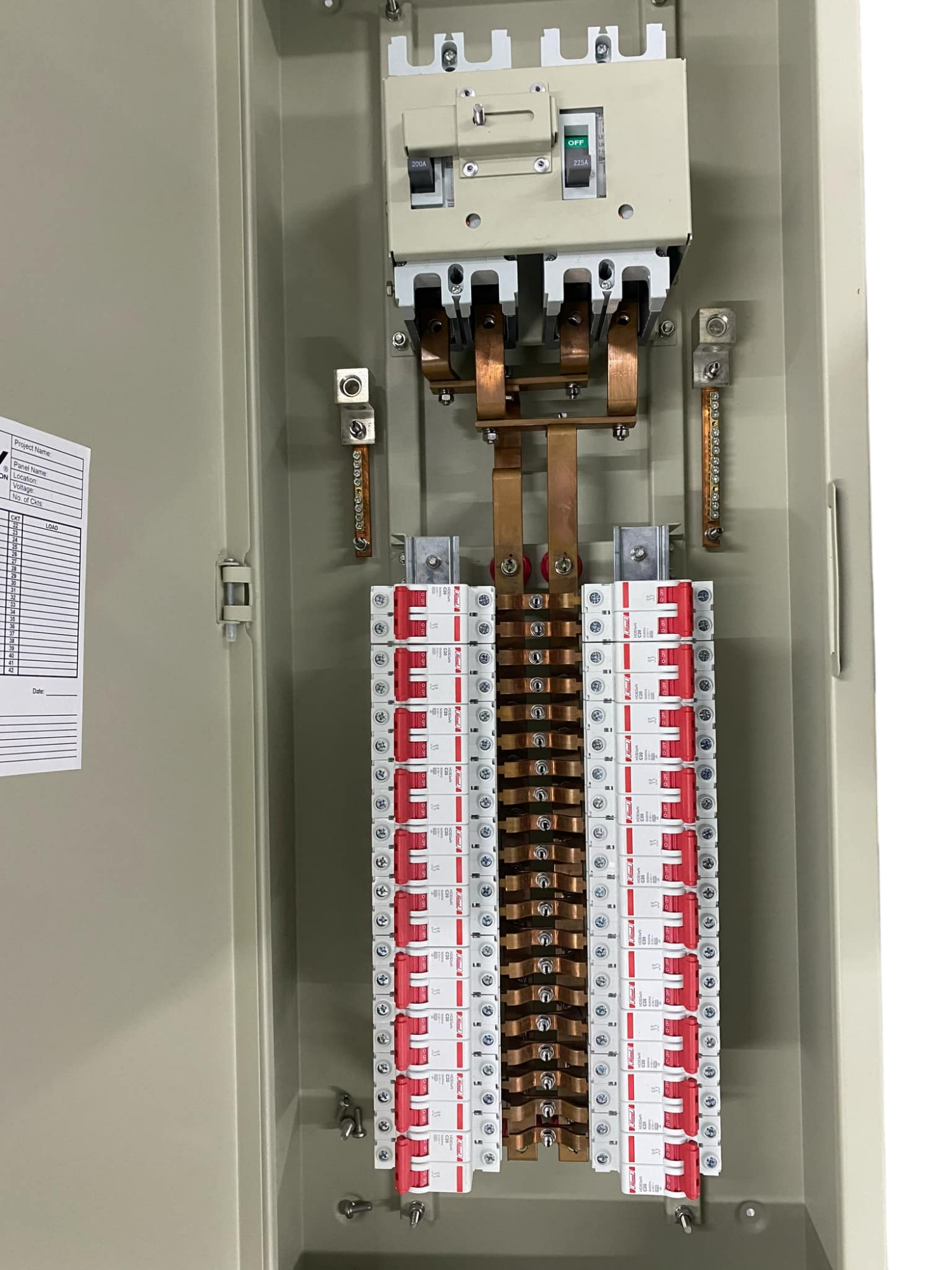 Chint main breaker panel board with 20 branches. Interior view showing main breaker copper bus and dual rows of breakers