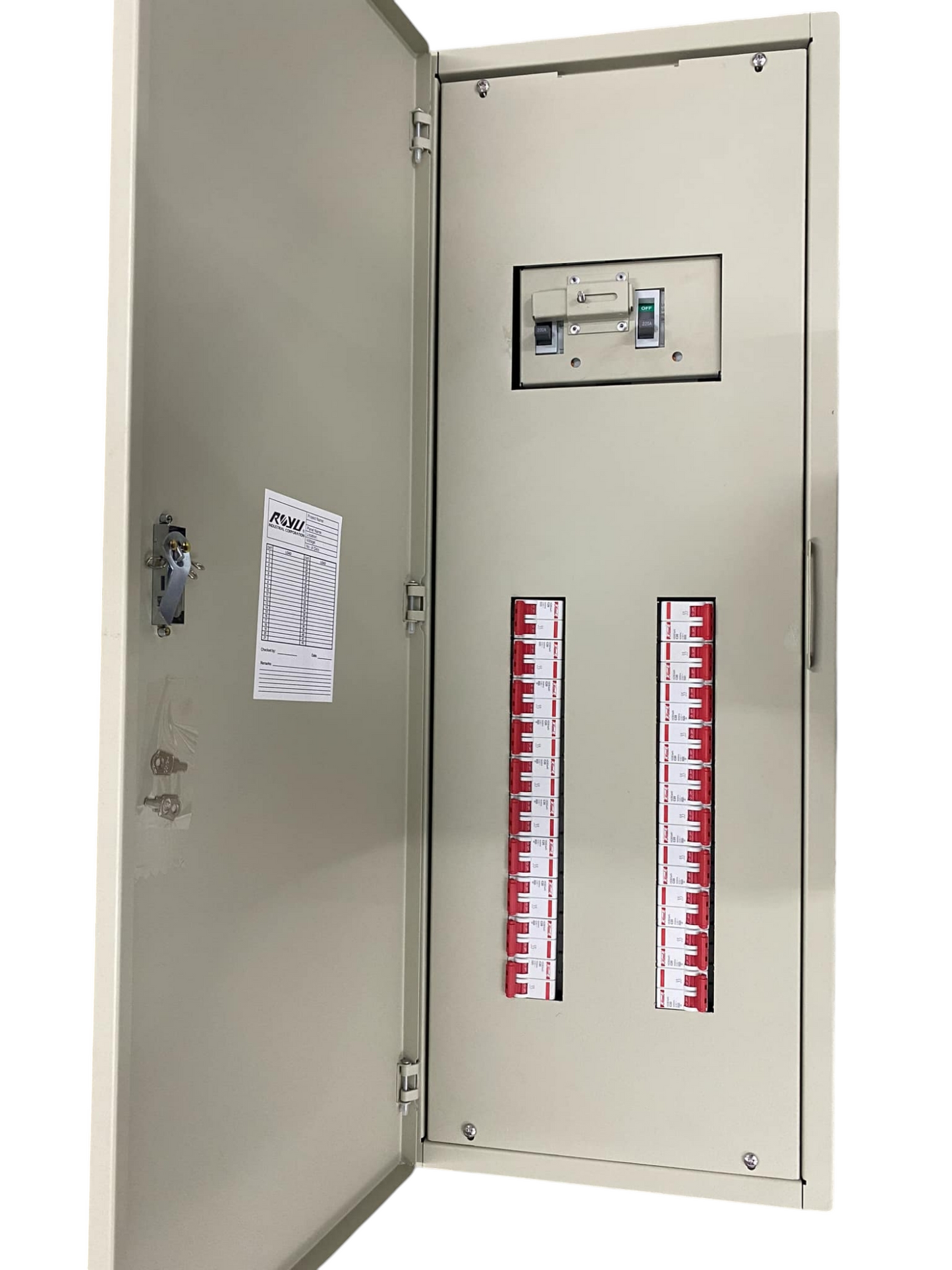Chint main breaker panel board with 20 branches. Metal enclosure open showing two vertical breaker rows and label inside