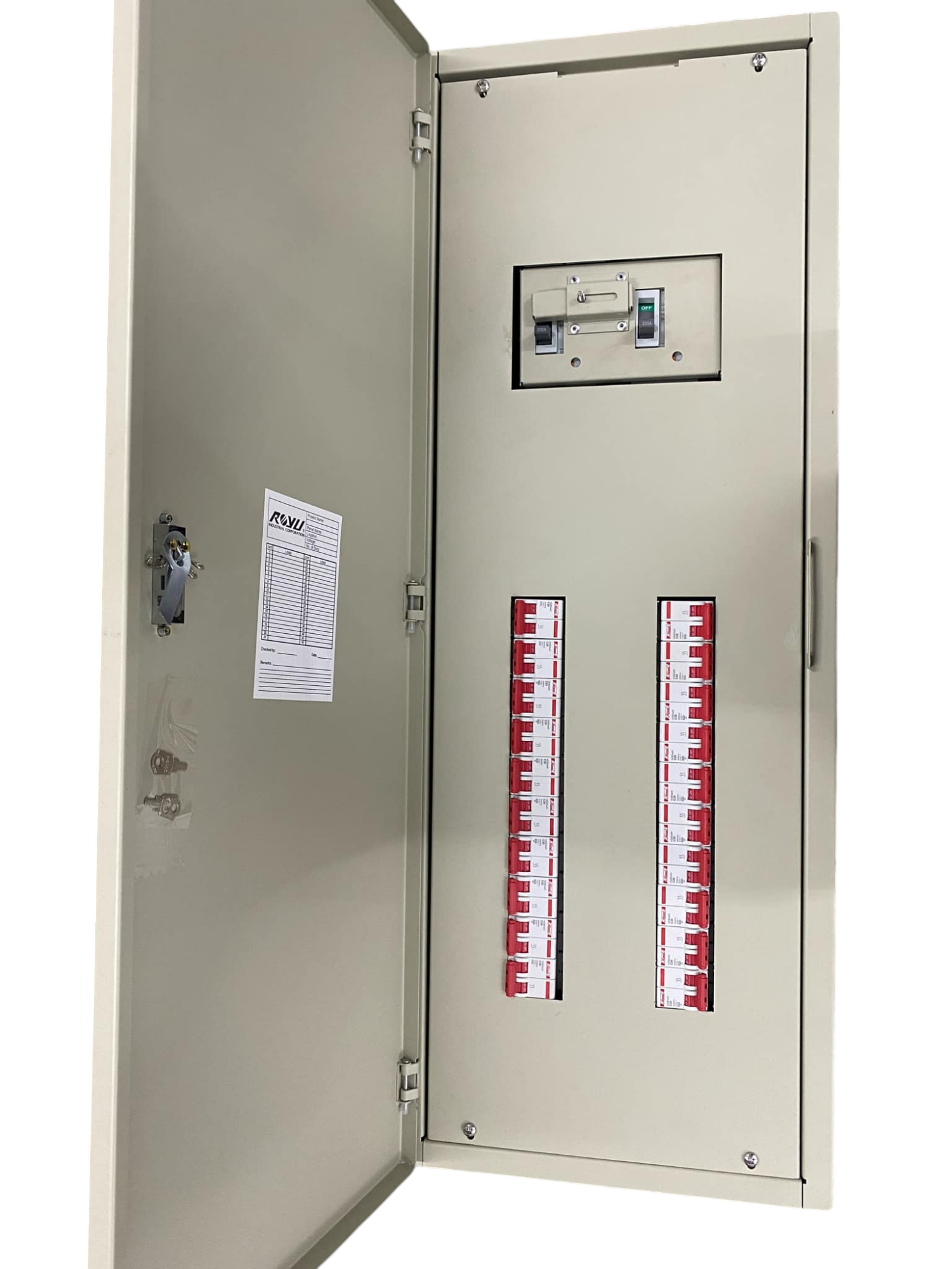 Chint main breaker panel board with 20 branches. Metal enclosure open showing two vertical breaker rows and label inside