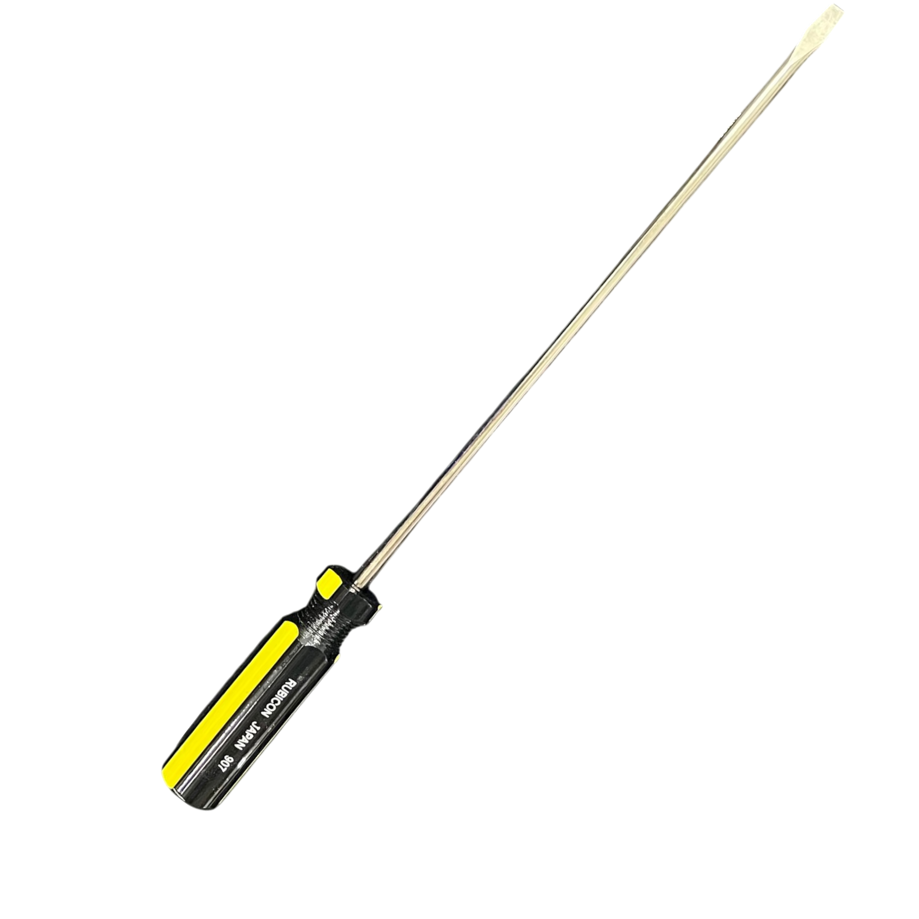 Rubicon 250mm screwdriver with yellow and black handle and long flat blade for hand tool use
